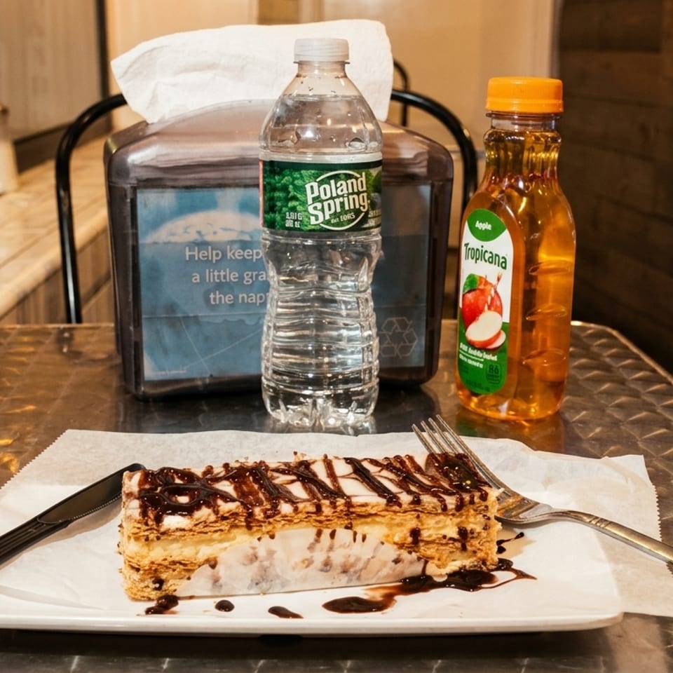 A dessert with chocolate drizzle on a white plate, next to bottled water and juice.