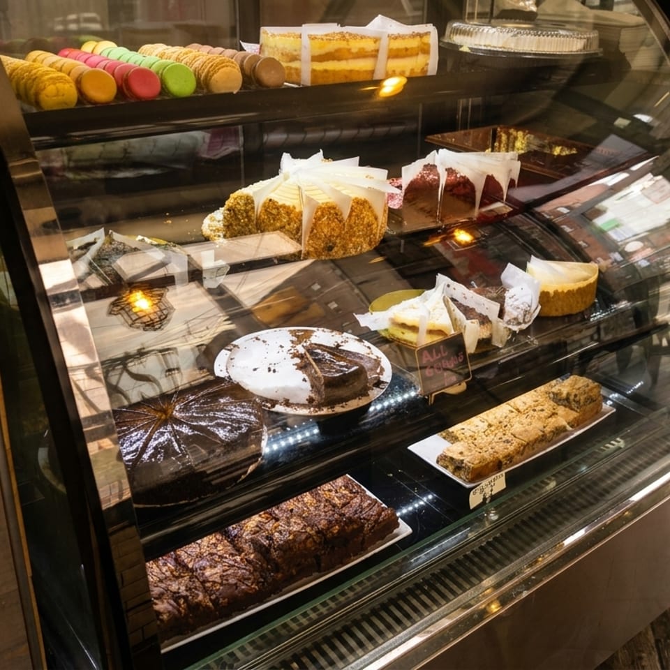 A glass display case filled with various cakes, pastries, and colorful macarons.