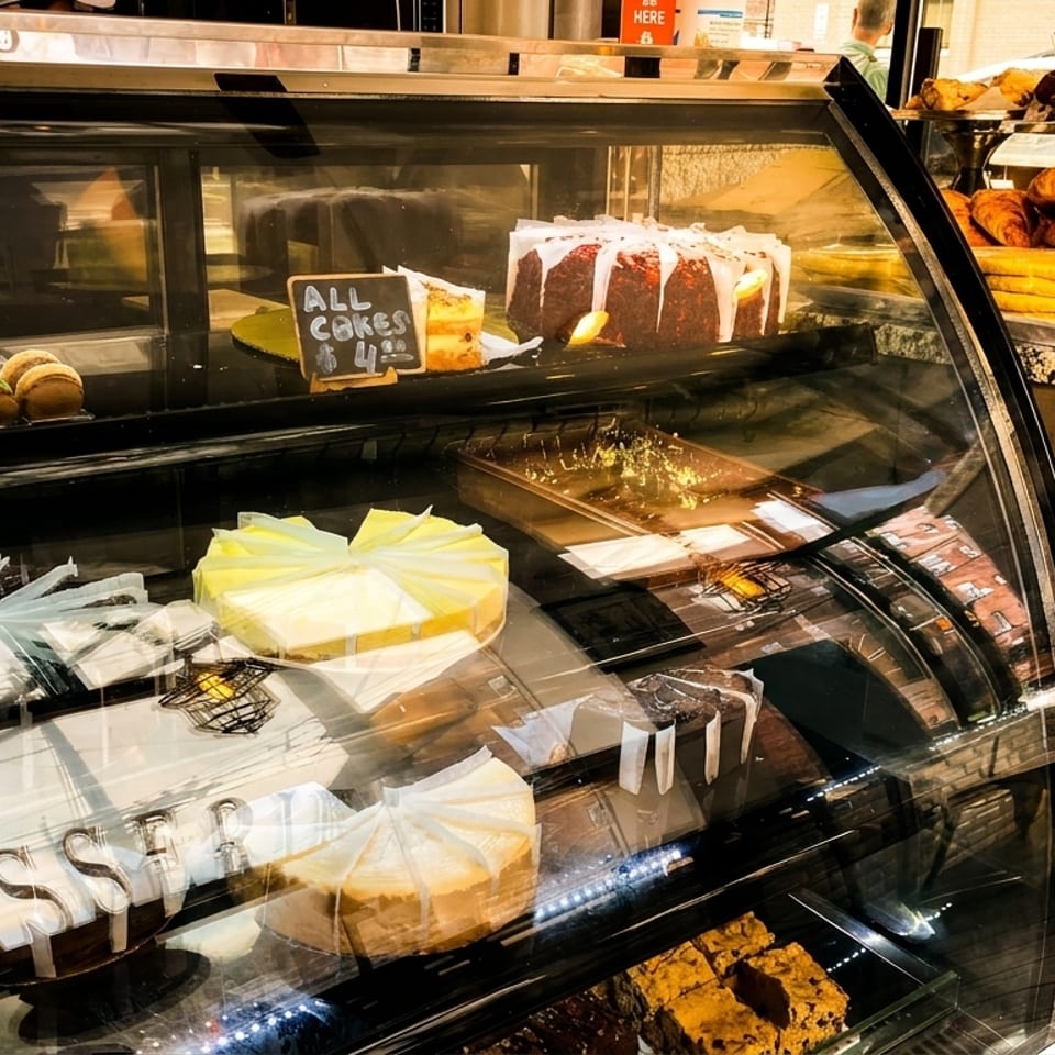 A glass display case filled with various pastries, cakes, and macarons at a bakery.