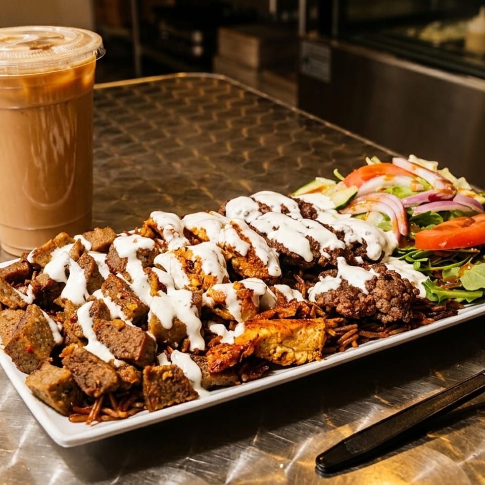A large platter of mixed meats and falafel drizzled with white sauce, with a side salad and iced coffee.