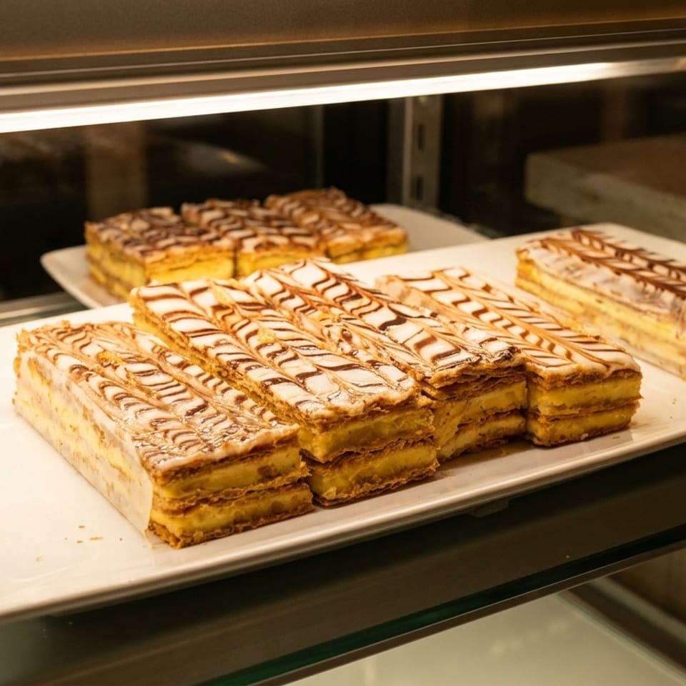 Mille-feuille pastries with white and chocolate icing on a white plate in a brightly lit display case.