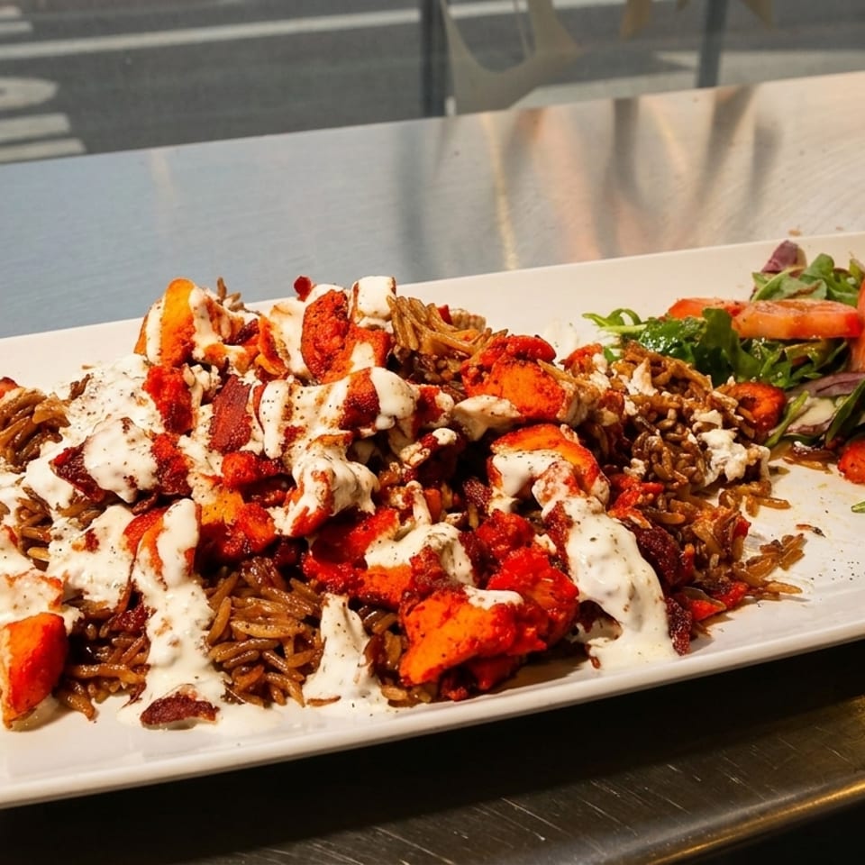 A white rectangular plate holds a generous serving of rice, chicken tikka, and a fresh side salad.