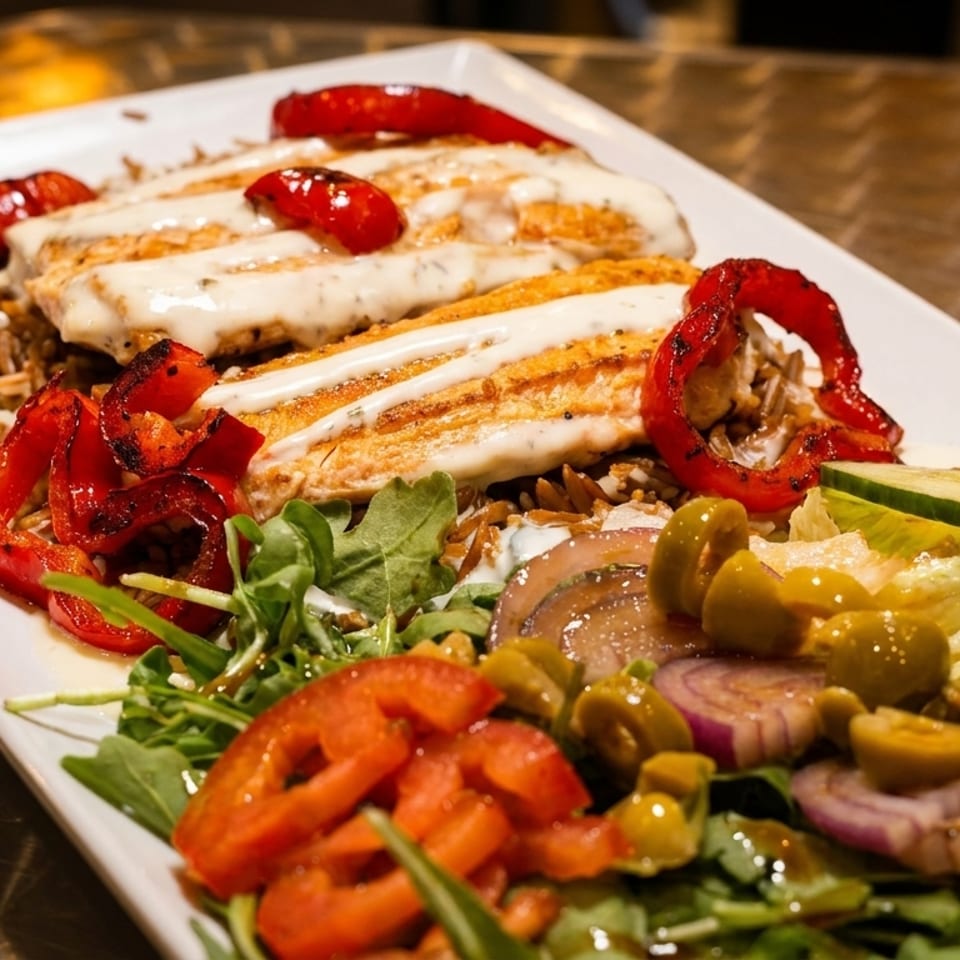 Grilled chicken with white sauce, roasted red peppers, rice, and a side salad with olives and cucumbers.