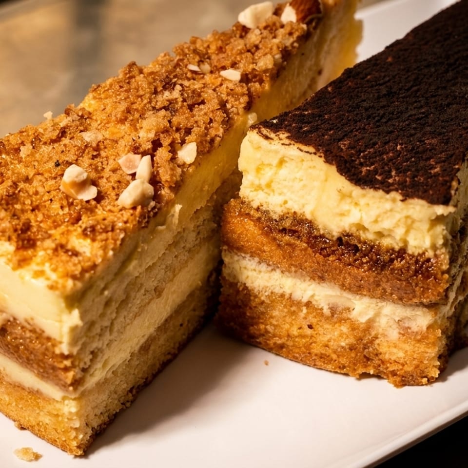 Two slices of cake on a white plate, one with nuts and the other with cocoa powder.