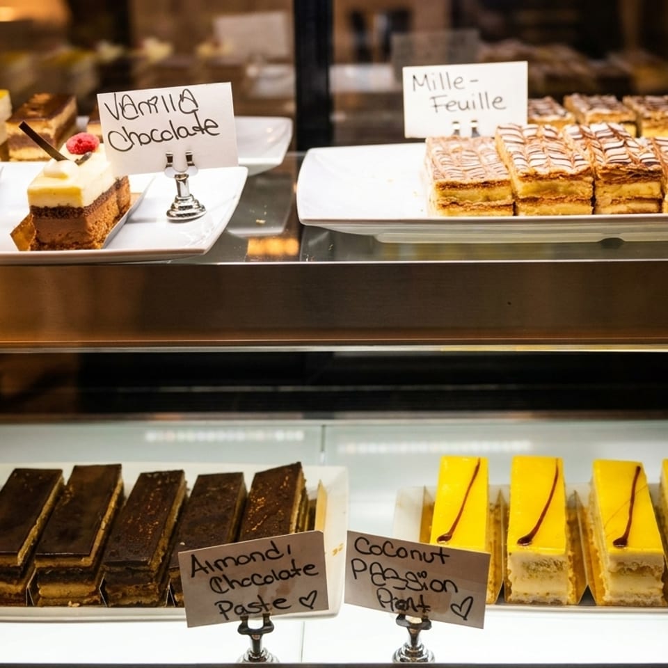 A display case filled with various pastries, including vanilla chocolate, mille-feuille, almond chocolate, and coconut passion fruit.